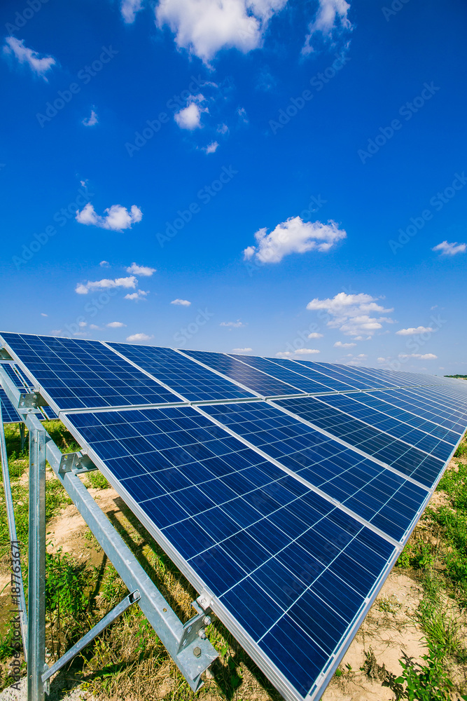 Solar panel on sky background. Photovoltaic power supply systems. Solar power plant. The source of e