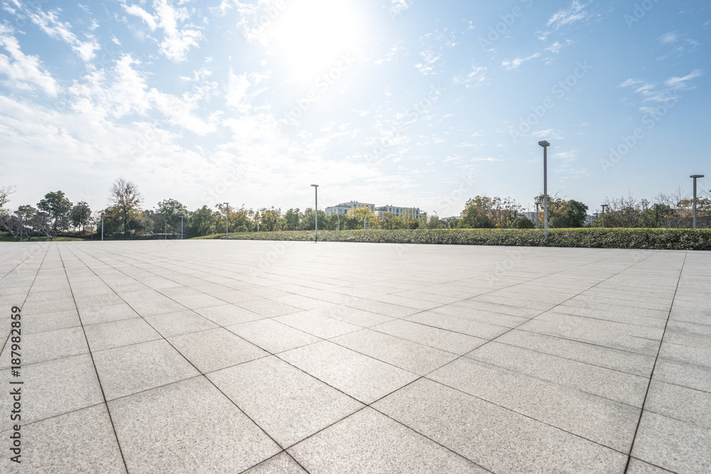 empty marble floor with skyline