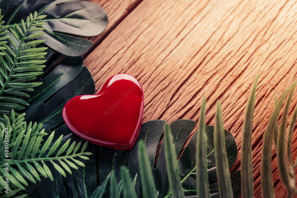 red heart shape object with green tropical leaf frame with wooden texture floor