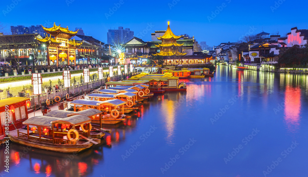 Nanjing Confucius Temple scenic region and Qinhuai River. People are visiting. Located in Nanjing, J