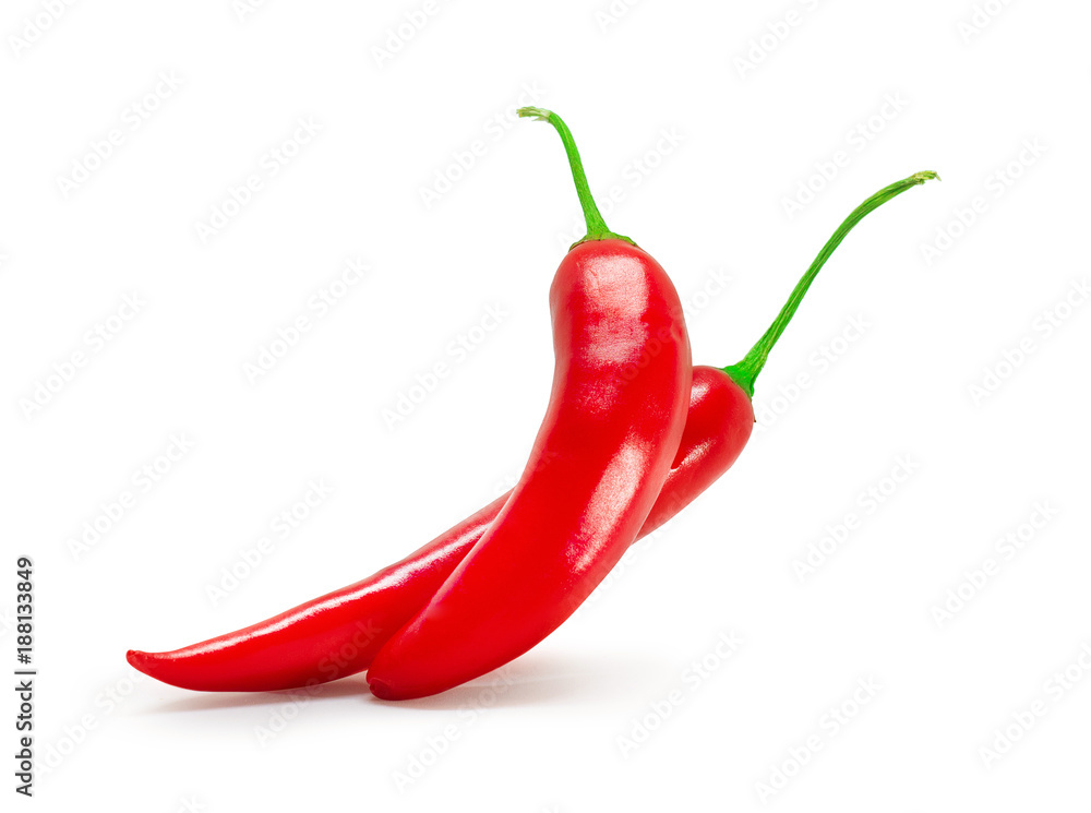 Two pods of chili peppers on white background