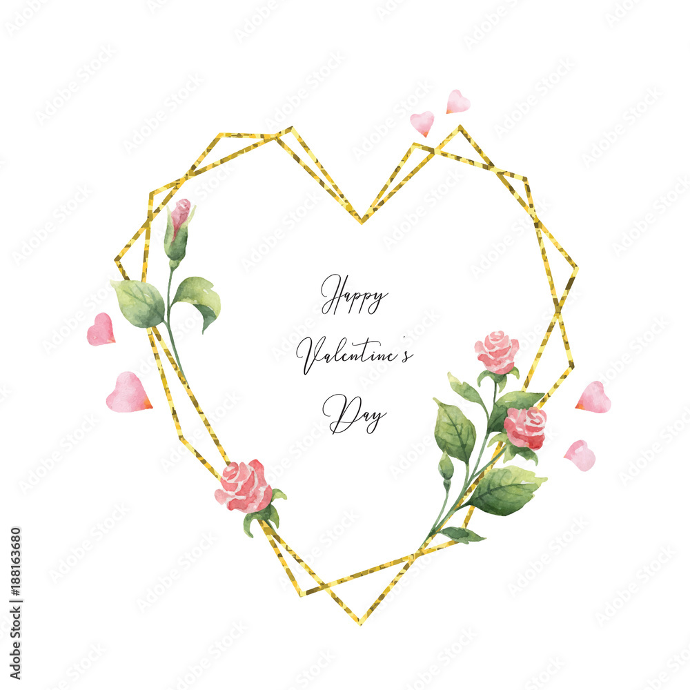 Watercolor vector composition made of geometric Golden frame in the shape of a heart, flowers and he