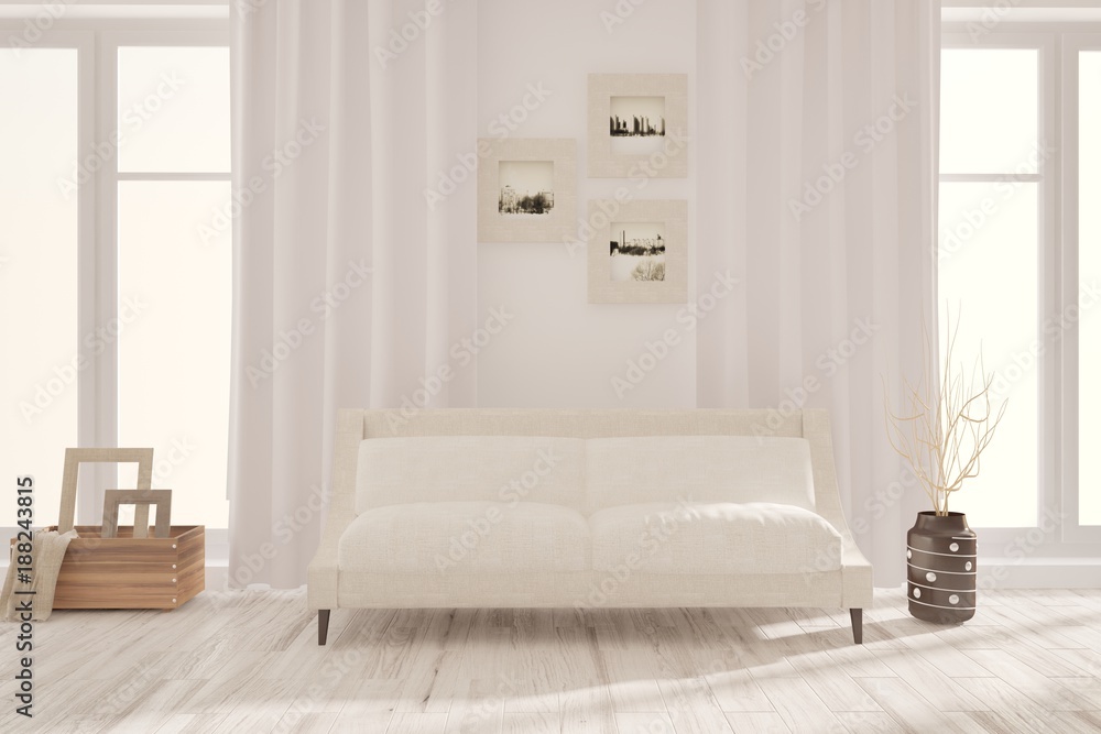 Idea of white minimalist room with sofa. Scandinavian interior design. 3D illustration