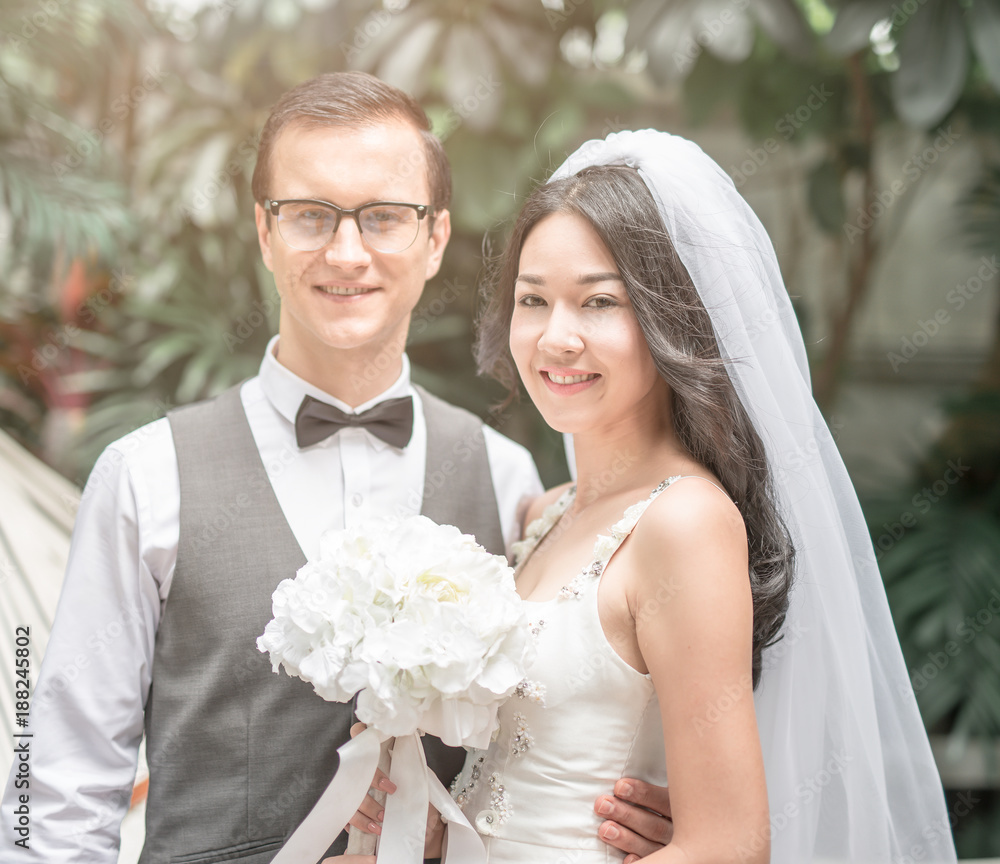 Groom and bride wedding together. Wedding couple hug each other.