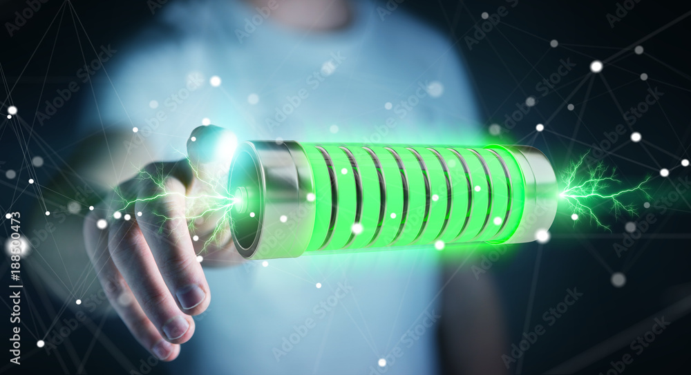 Businessman using green battery with lightnings 3D rendering