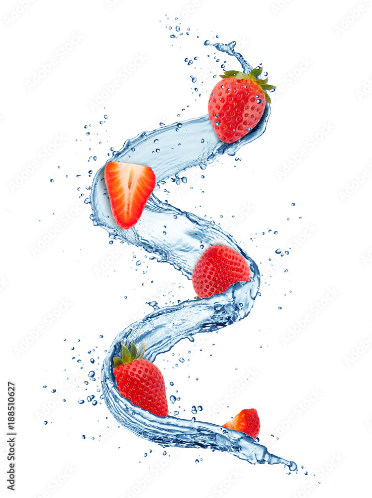 Pieces of strawberries in water splashes isolated on white background