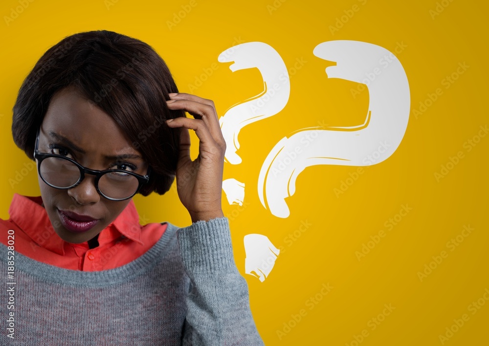 Confused woman wearing glasses scratching her head and question