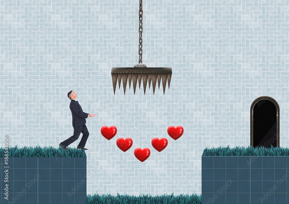 Businessman in Computer Game Level with hearts and traps