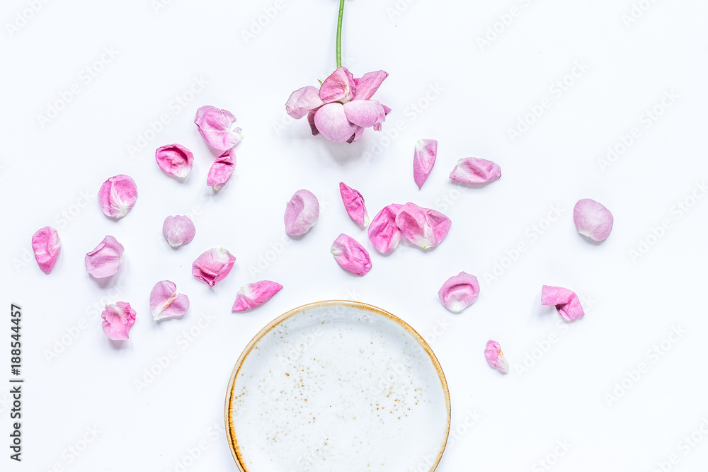 Spring trendy disign with flowers on white table background top 