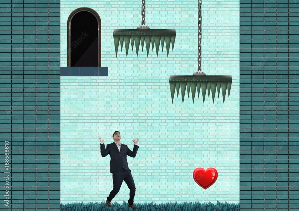 Businessman in Computer Game Level with heart and traps