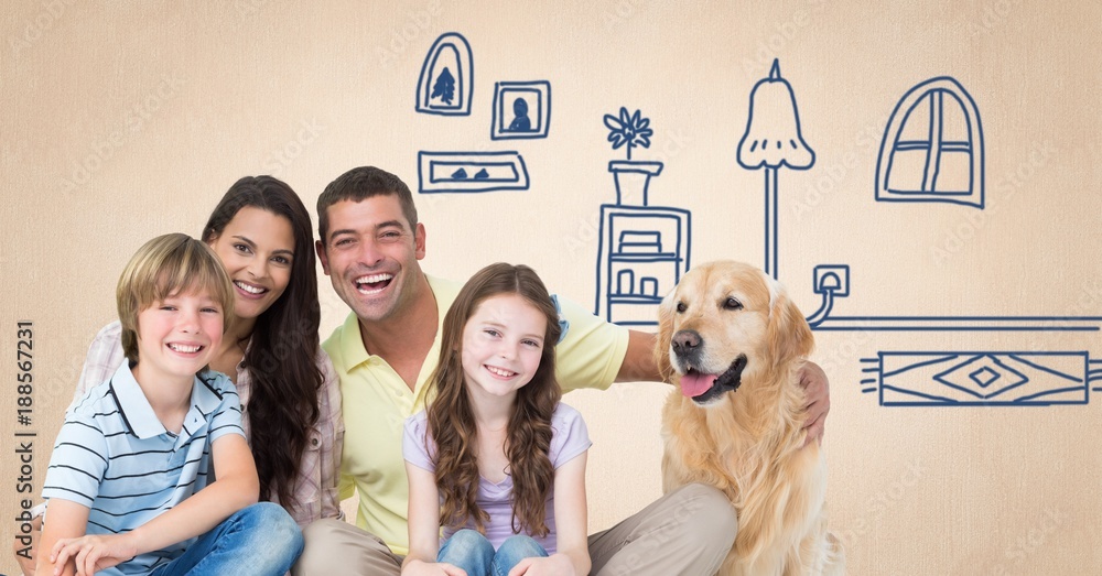 Family with dog and home drawings