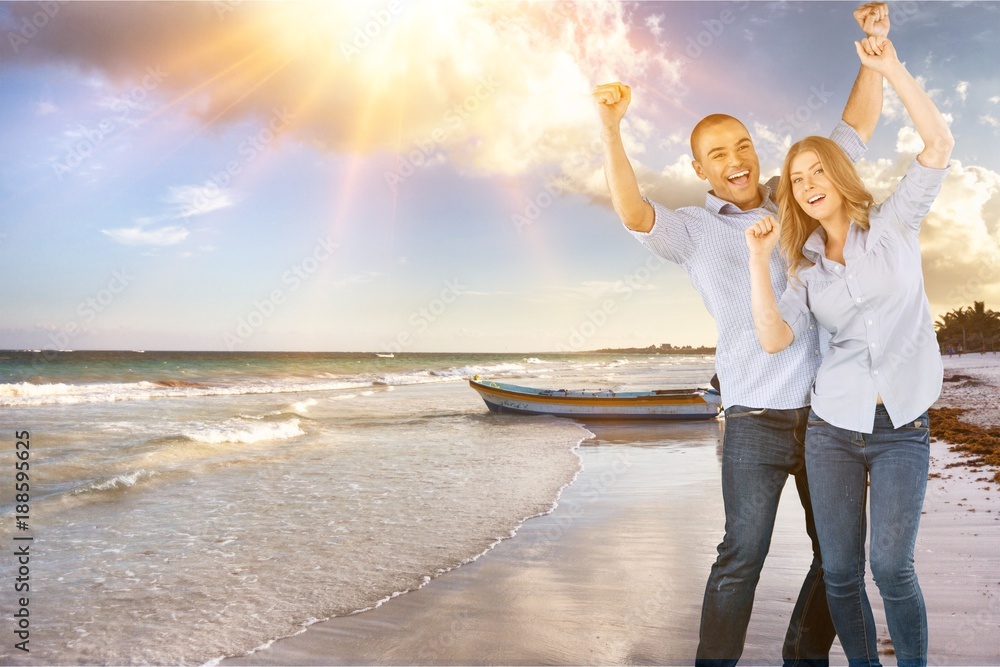 Couple on beach background.