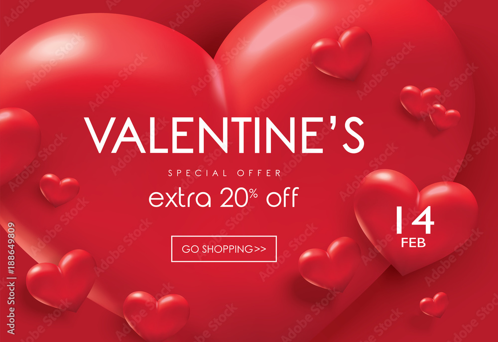 Valentines day sale poster with red 3D hearts background