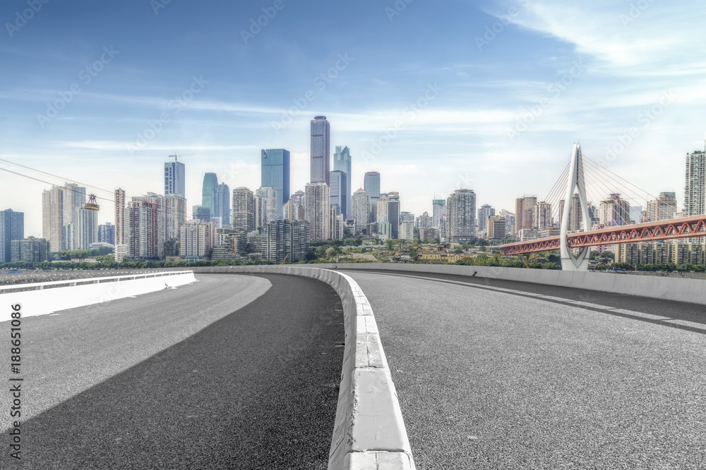 Road ground and Chongqing urban architectural landscape skyline