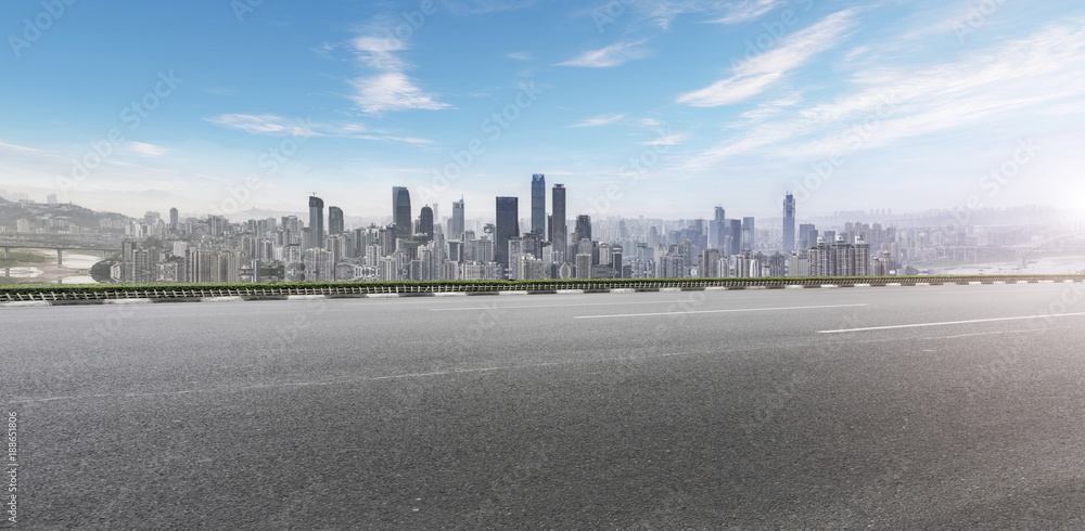 Road ground and Chongqing urban architectural landscape skyline