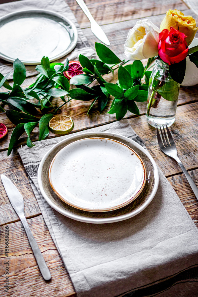 ceramic tableware top view on wooden background mock up