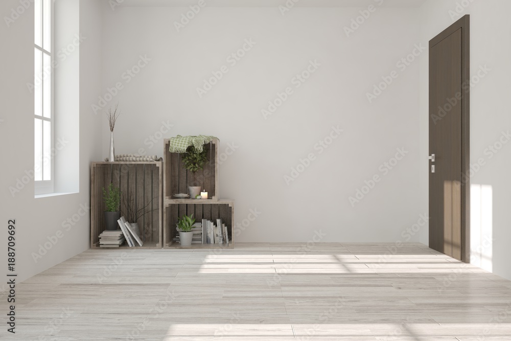 White empty room. Scandinavian interior design. 3D illustration