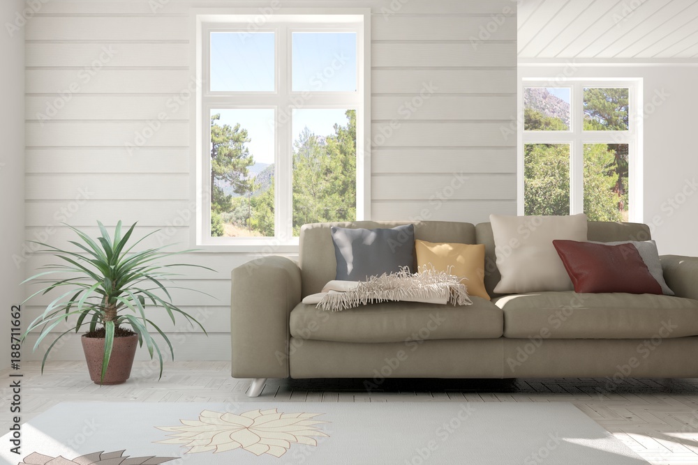 Idea of white room with sofa and summer landscape in window. Scandinavian interior design. 3D illust