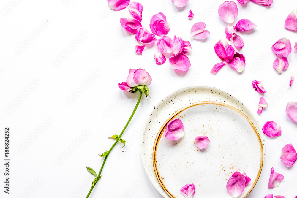 woman table with rose flower top view white background space for