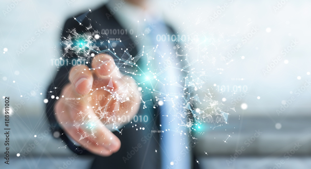 Businessman using digital binary code connection network 3D rendering