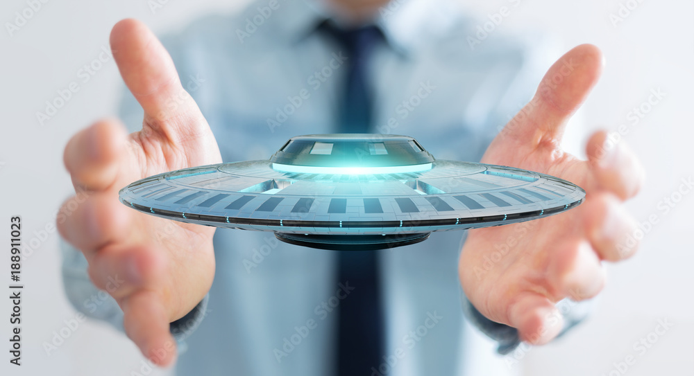 Businessman with retro UFO spaceship 3D rendering