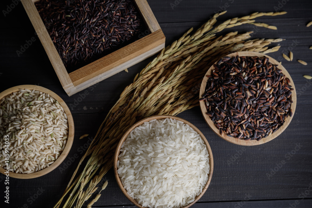 Japan rice with Thai jasmine rice and paddy rice seed on wooden table