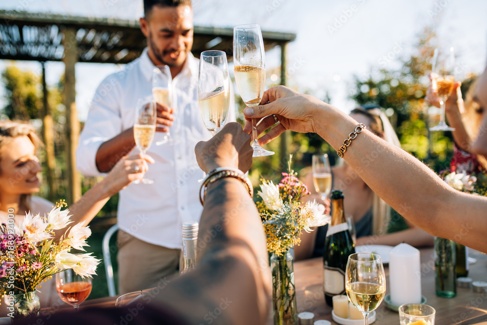 Group of people toasting drinks at a party