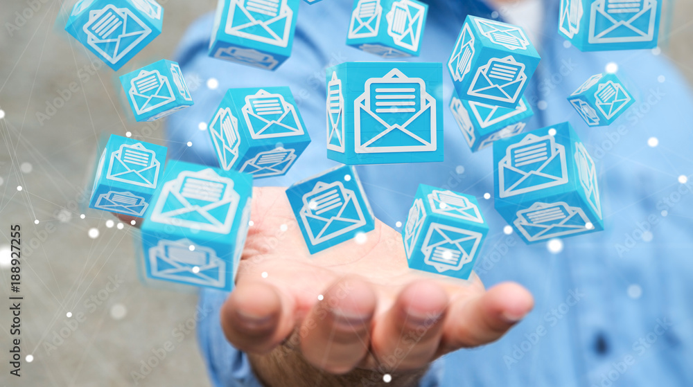 Businessman using floating cube emails 3D rendering