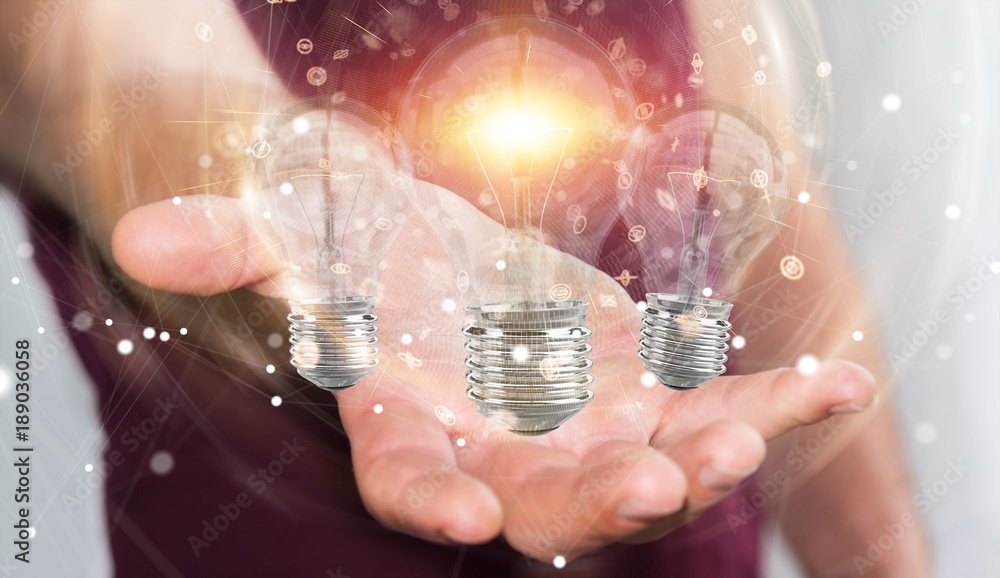 Businessman connecting modern lightbulbs with connections 3D rendering