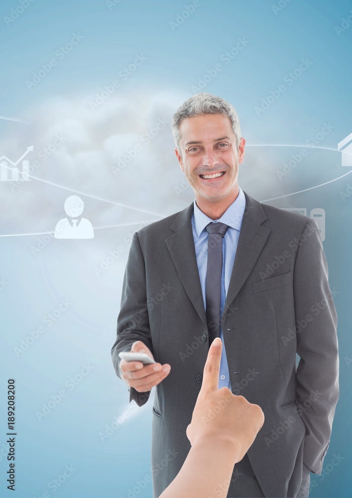 Hand choosing a business man on blue background with blue