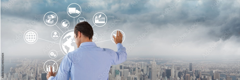 Man touching interface with city background