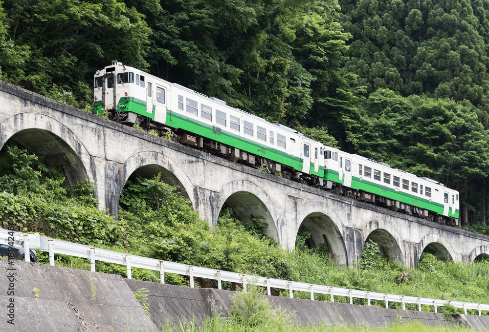 福岛县夏季多山铁路线。