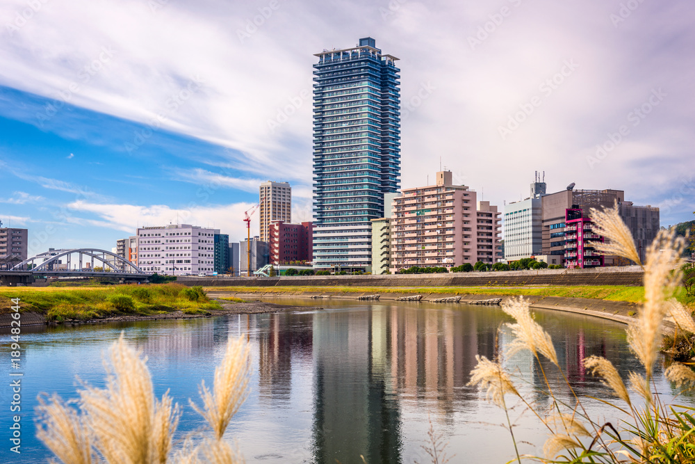 日本熊本，白川河上的市中心城市景观。