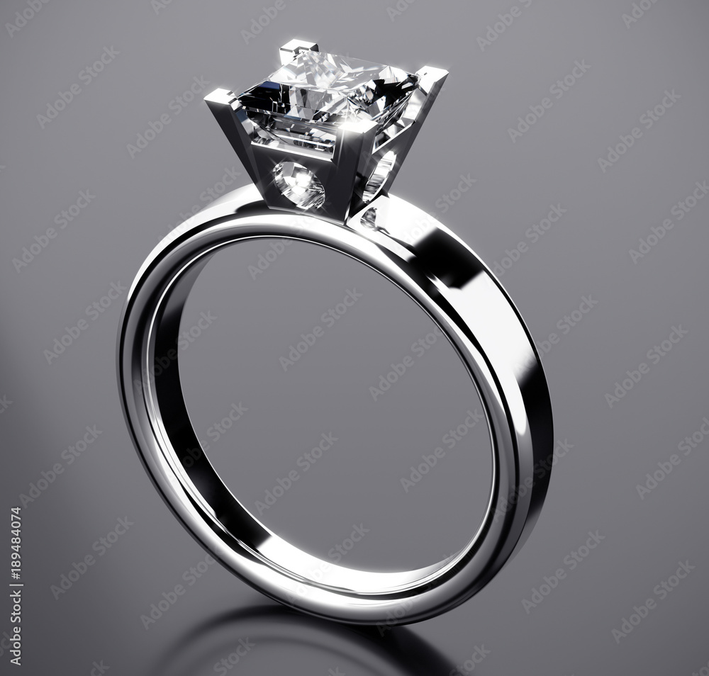 Realistic diamond ring placed on graybackground, 3d illustration.