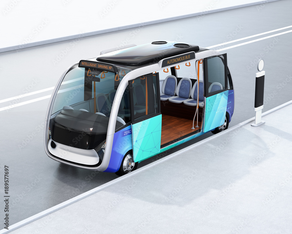 Autonomous shuttle bus waiting at bus station. 3D rendering image.