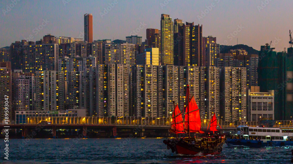 香港九龙尖沙咀旅游垃圾港维多利亚港日落