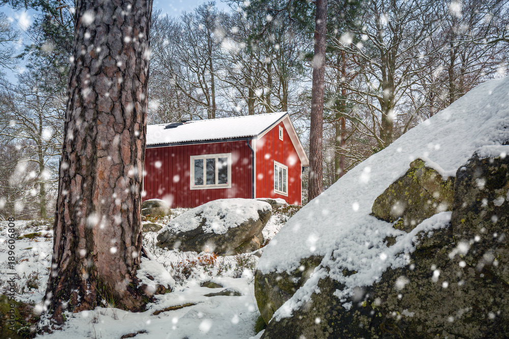 瑞典森林中的红色木屋，雪景冬日