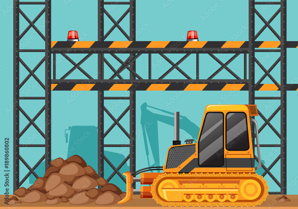 Construction site with bulldozer and metal bars