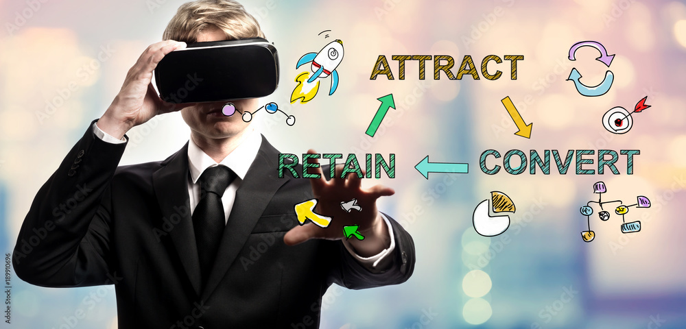 Attract Convert Retain text with businessman using a virtual reality headset