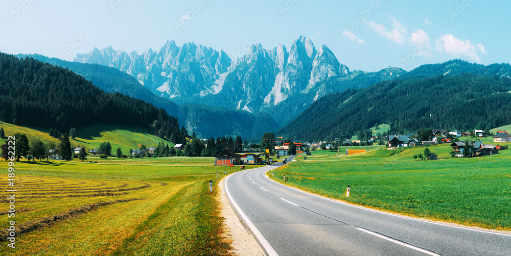 Highway in Gosau village at sunny day. Alps, Austria, Europe. Landscape photography