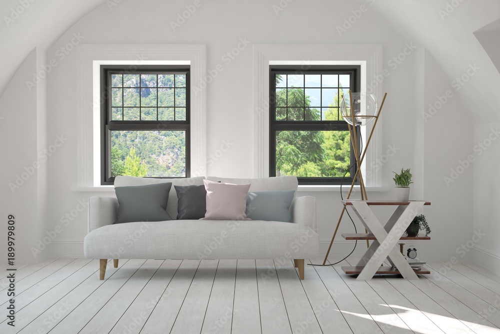 Idea of white room with sofa and summer landscape in window. Scandinavian interior design. 3D illust