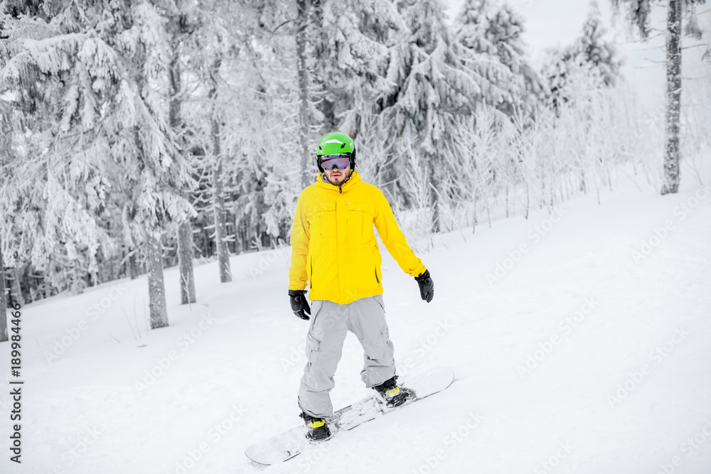 穿着五颜六色运动服的男子在有美丽树木的雪山上滑雪