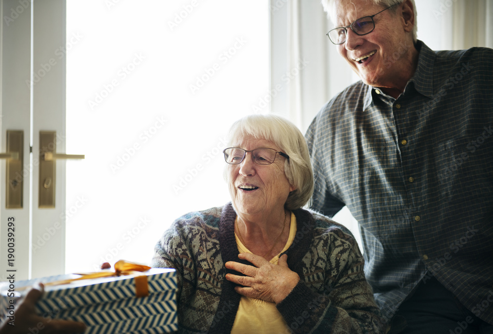 Cheerful senior couple receiving a gift box