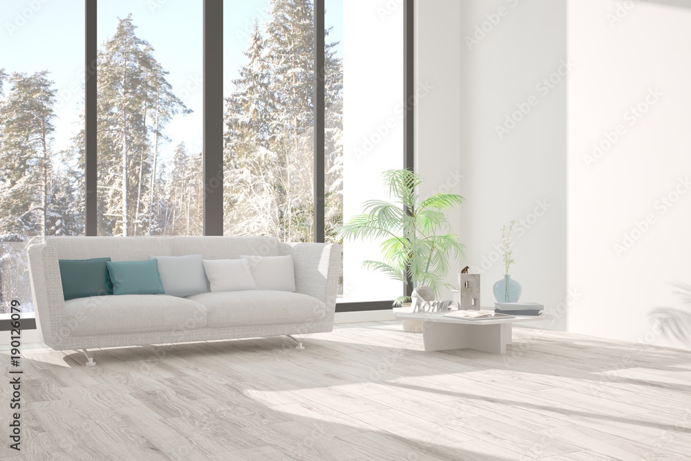 White room with sofa and winter landscape in window. Scandinavian interior design. 3D illustration