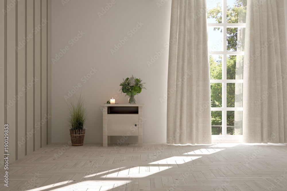 White empty room with summer landscape in window. Scandinavian interior design. 3D illustration