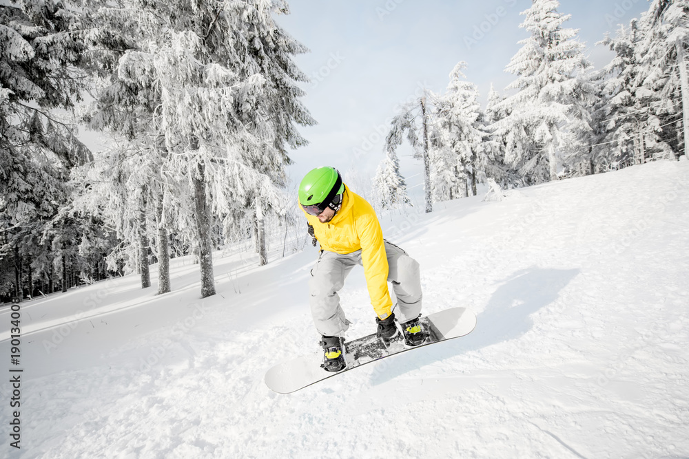 穿着五颜六色运动服的男子在有美丽树木的雪山上滑雪