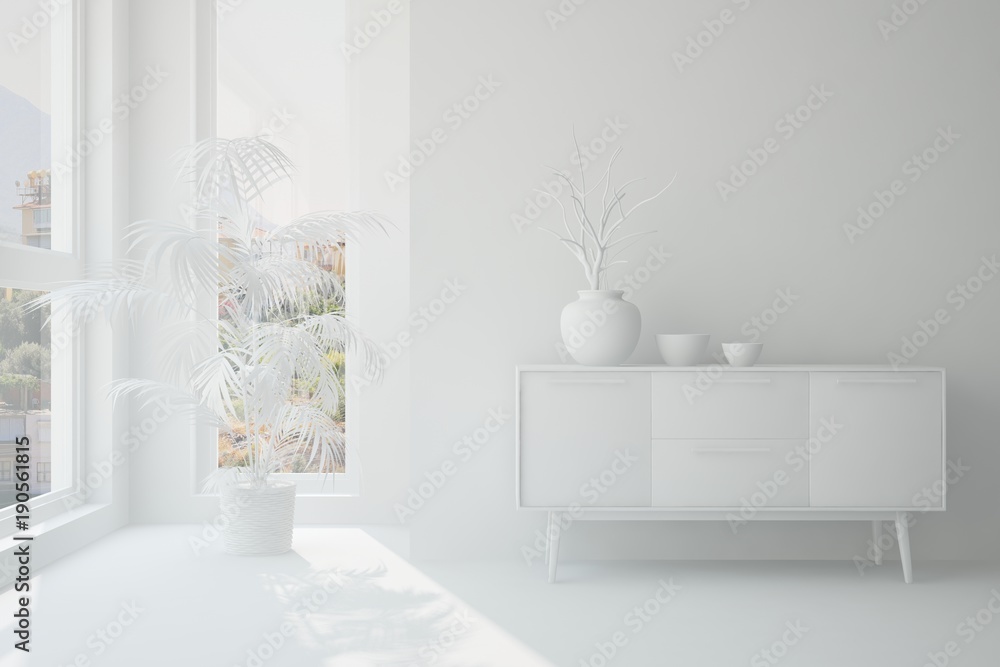 White empty room. Scandinavian interior design. 3D illustration