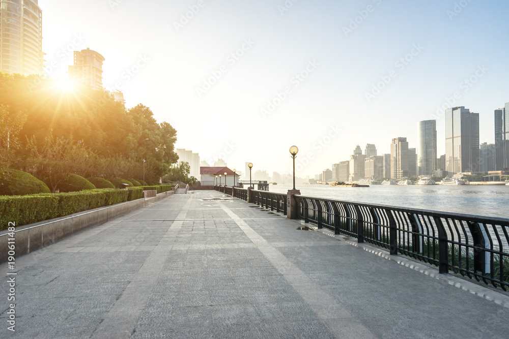 empty marble floor with cityscape