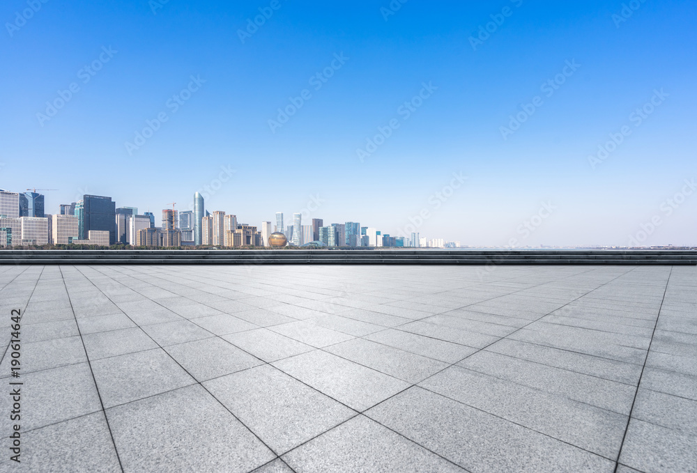 empty marble floor with cityscape