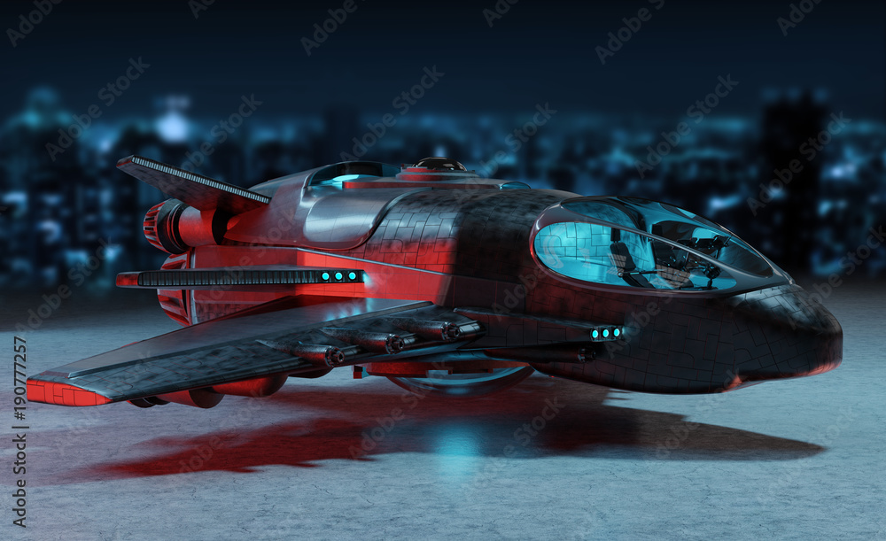 Futuristic spacecraft isolated on dark background 3D rendering